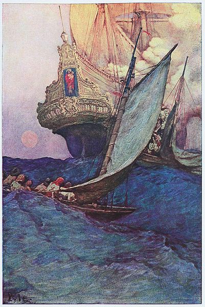 Howard Pyle An Attack on a Galleon: illustration of pirates approaching a ship